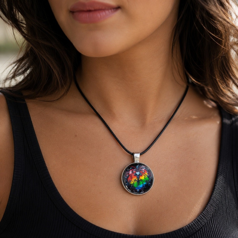 Rainbow Heart Filigree Pendant Necklace Black Cord 21 Inch Adjustable Chain